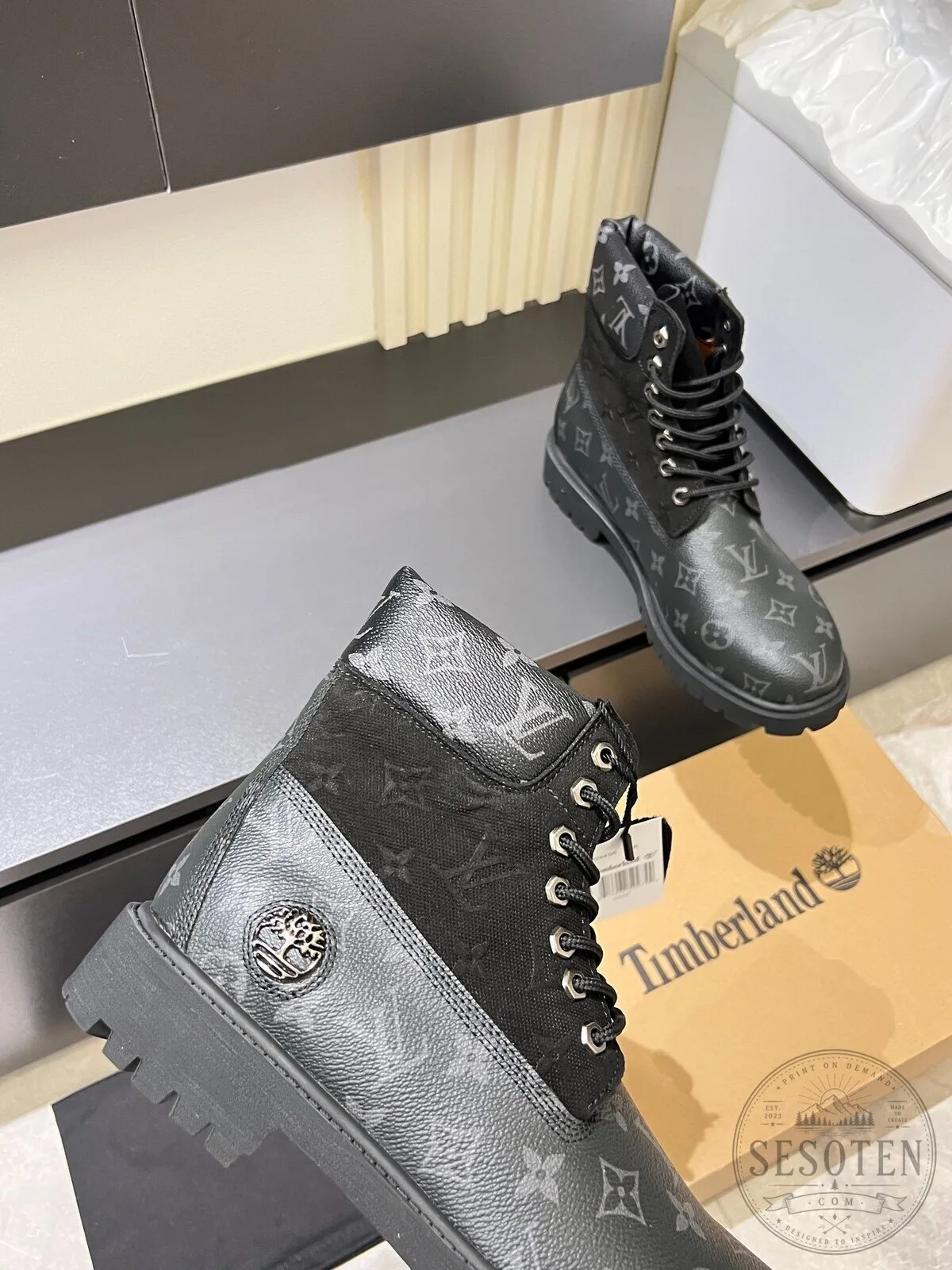Louis Vuitton Timberland Black Monogram Pattern Waterproof Work Boots 9 Louis Vuitton Timberland Black Monogram Pattern Waterproof Work Boots
