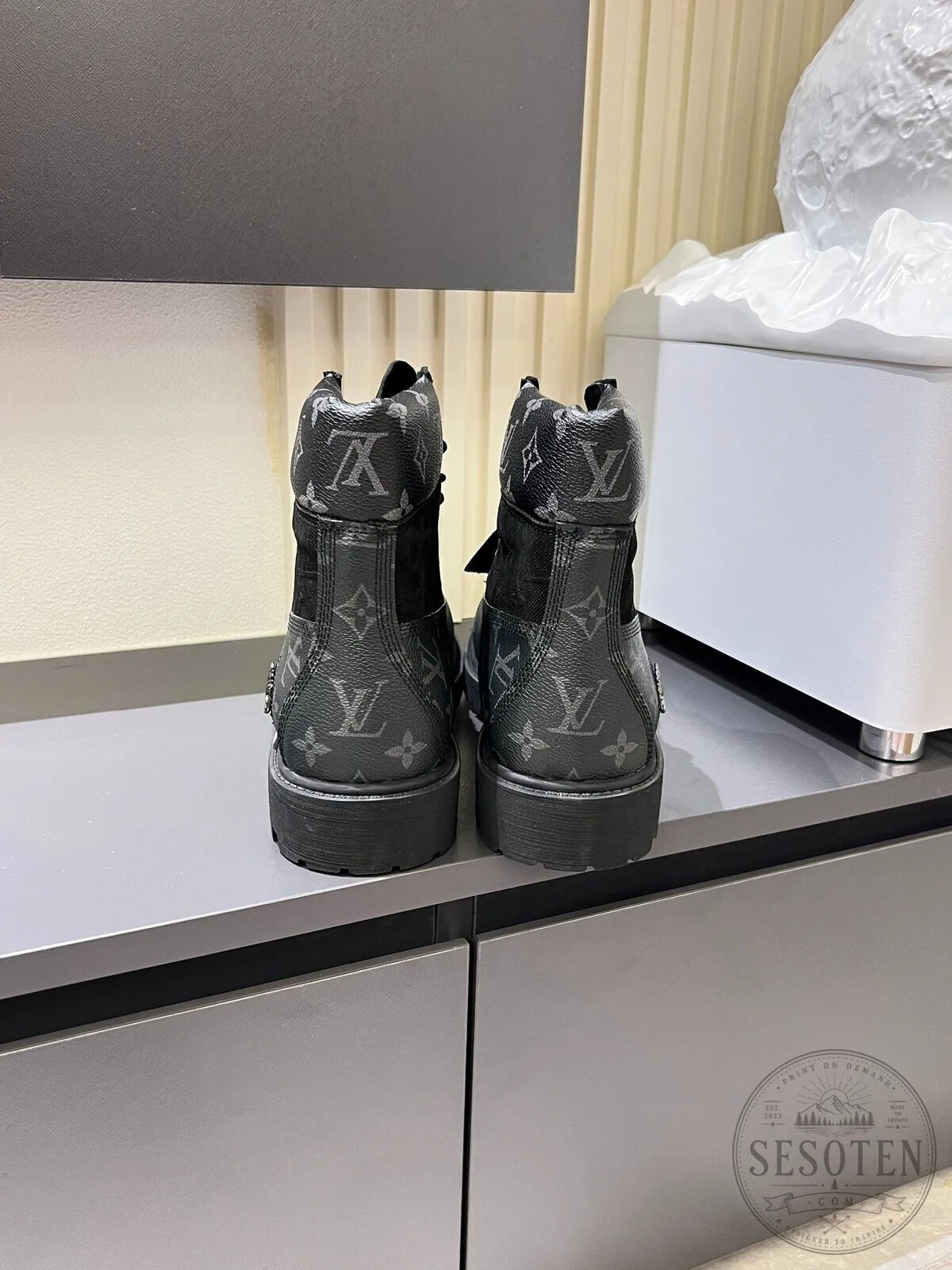 Louis Vuitton Timberland Black Monogram Pattern Waterproof Work Boots 10 Louis Vuitton Timberland Black Monogram Pattern Waterproof Work Boots