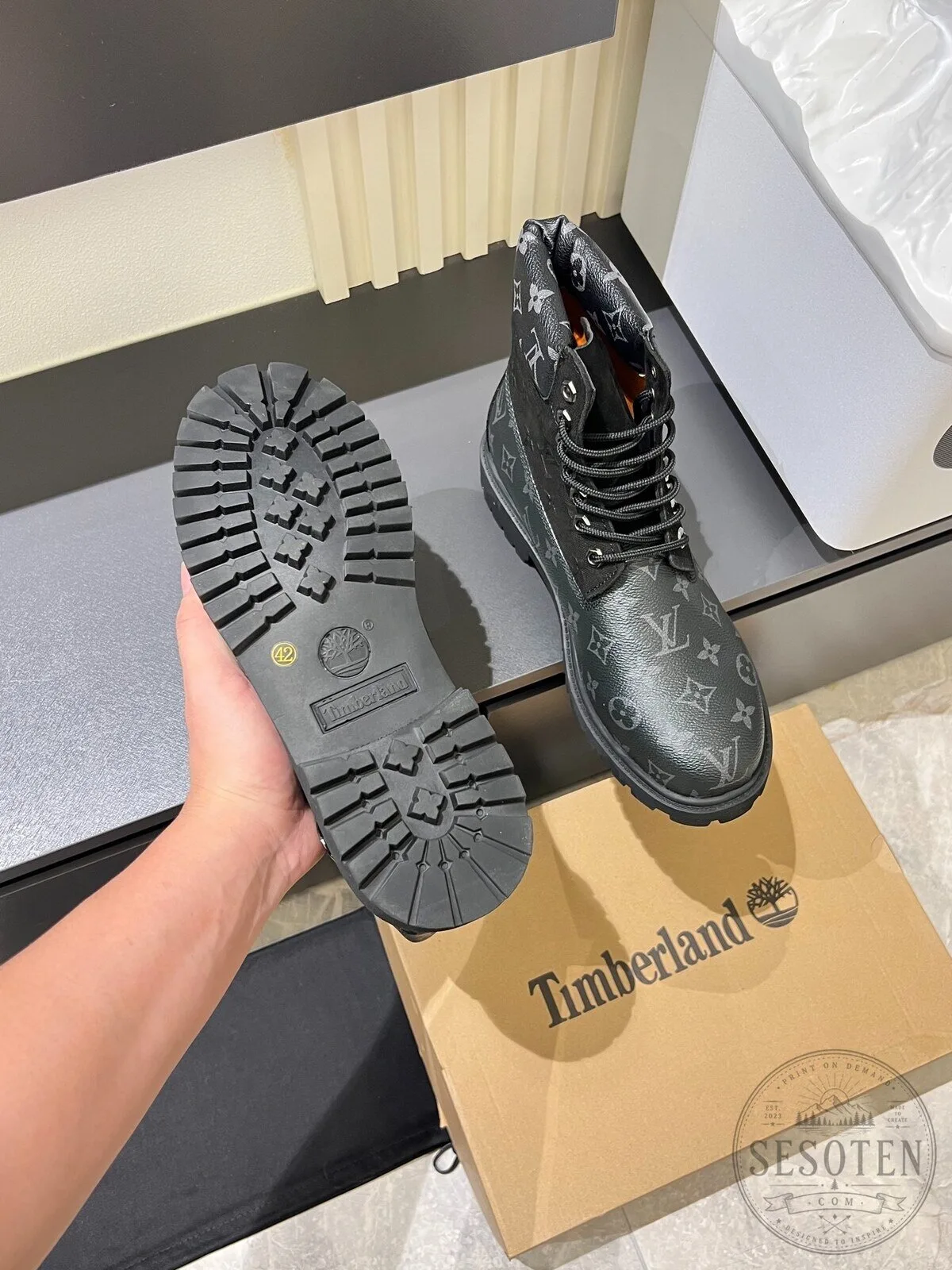 Louis Vuitton Timberland Black Monogram Pattern Waterproof Work Boots 11 Louis Vuitton Timberland Black Monogram Pattern Waterproof Work Boots