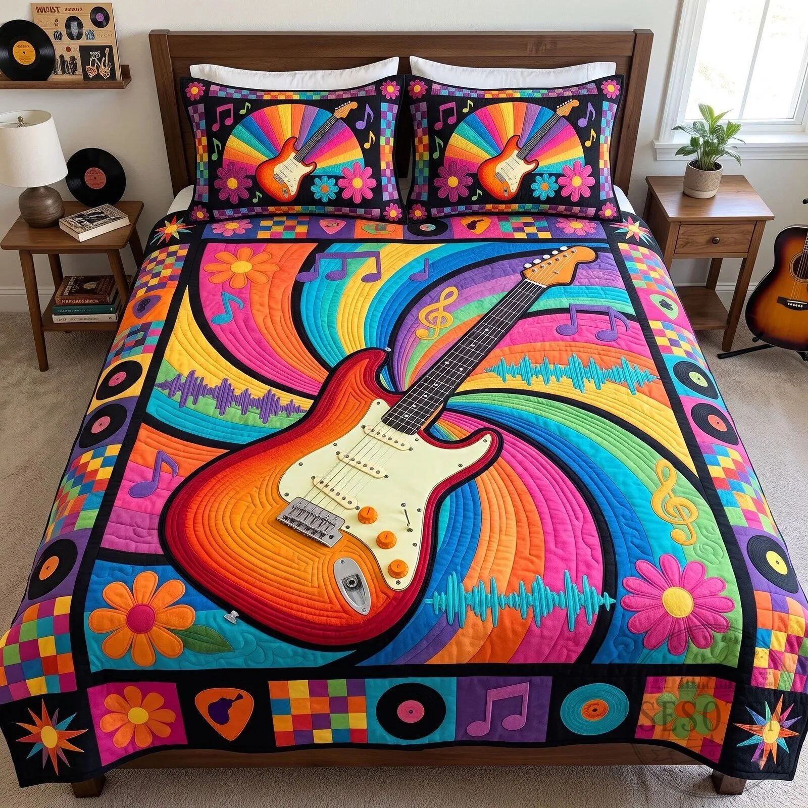 Colorful Guitar and Music Notes Quilted Bedding Set