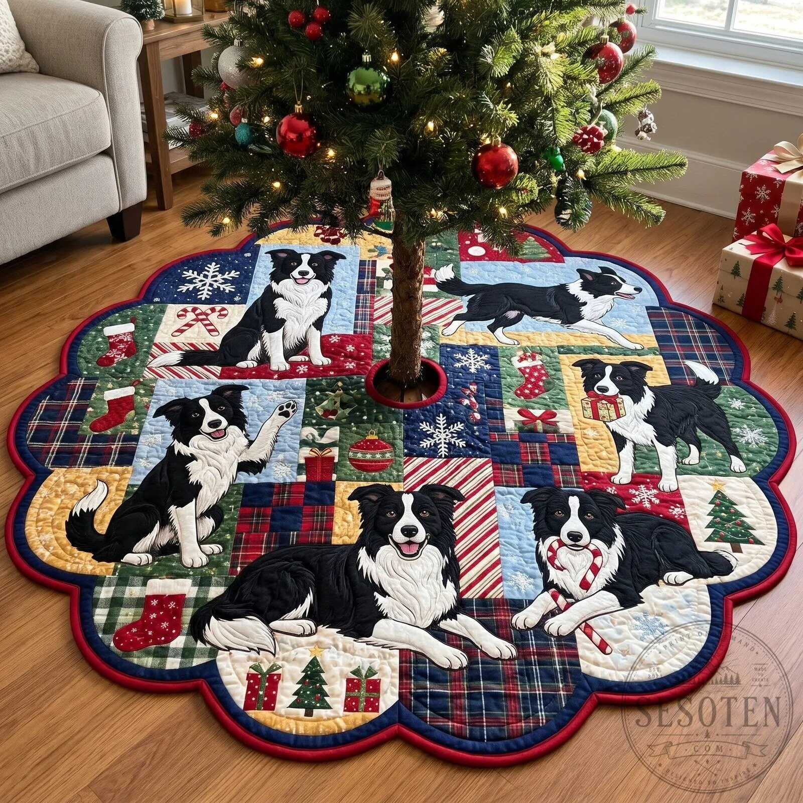Border Collie Christmas Tree Skirt Quilted Holiday Decor with Dog Designs 9 Border Collie Christmas Tree Skirt Quilted Holiday Decor with Dog Designs
