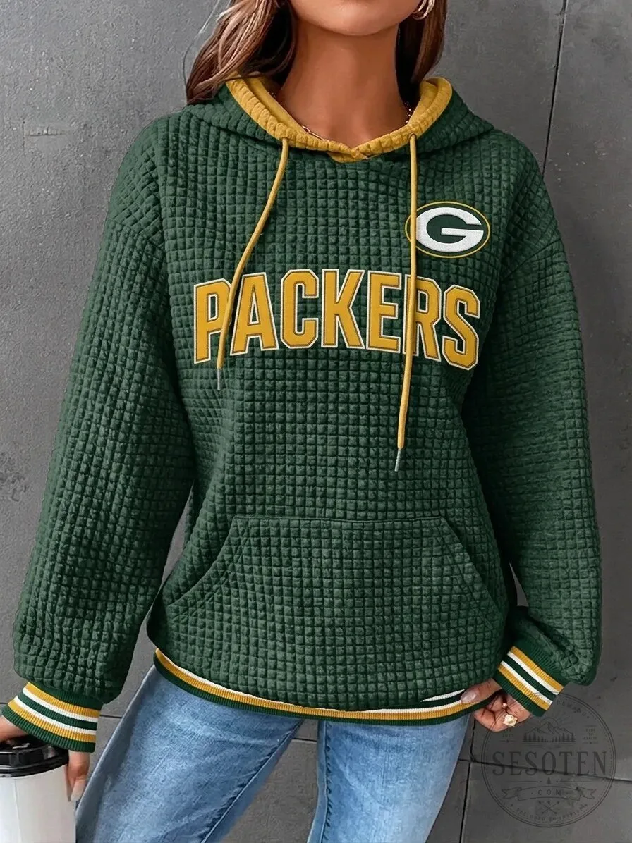 Green Bay Packers Women's Quilted Pullover Hoodie with Gold Trim