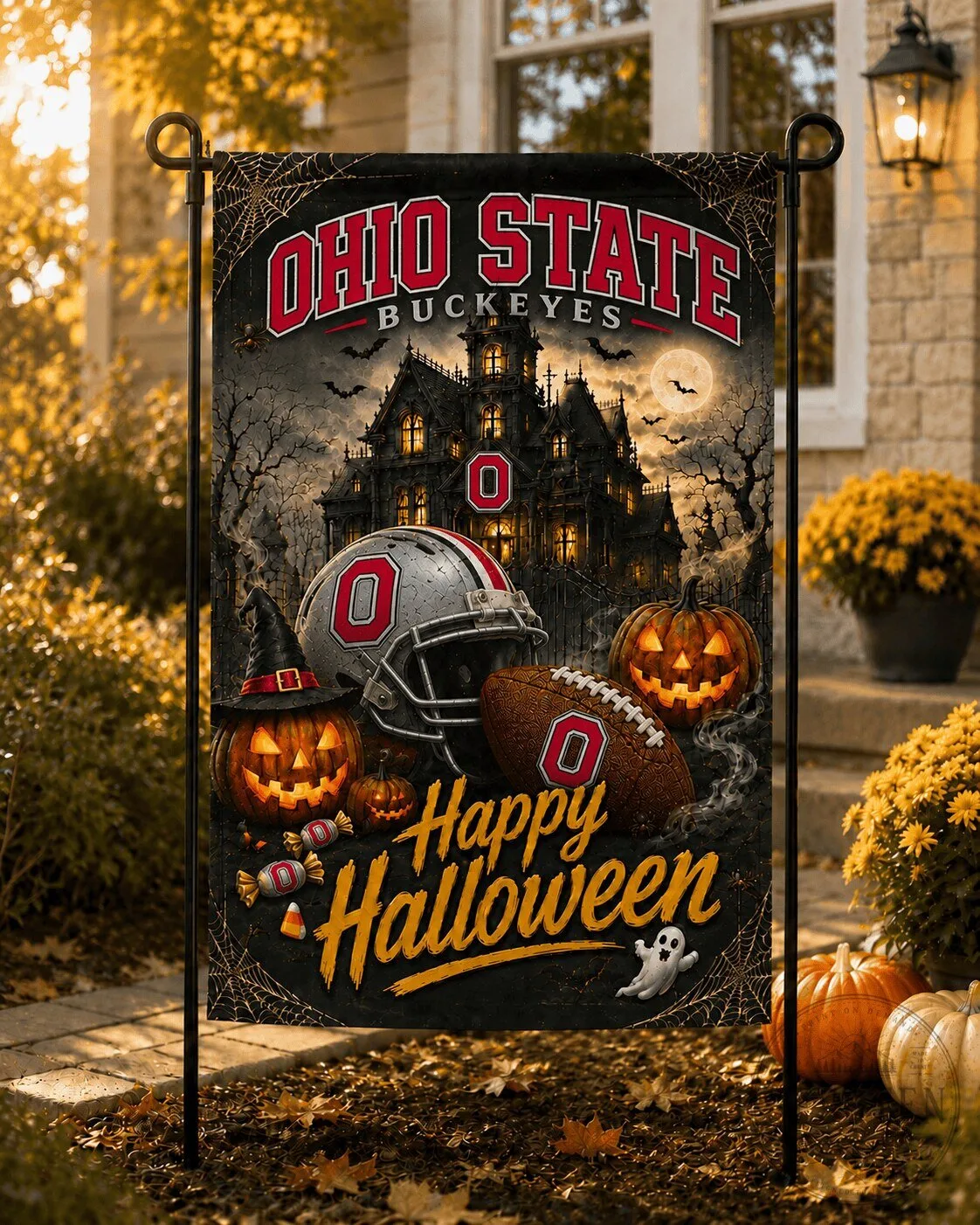 Ohio State Buckeyes Halloween Haunted House Football Garden Flag 1 Ohio State Buckeyes Halloween Haunted House Football Garden Flag