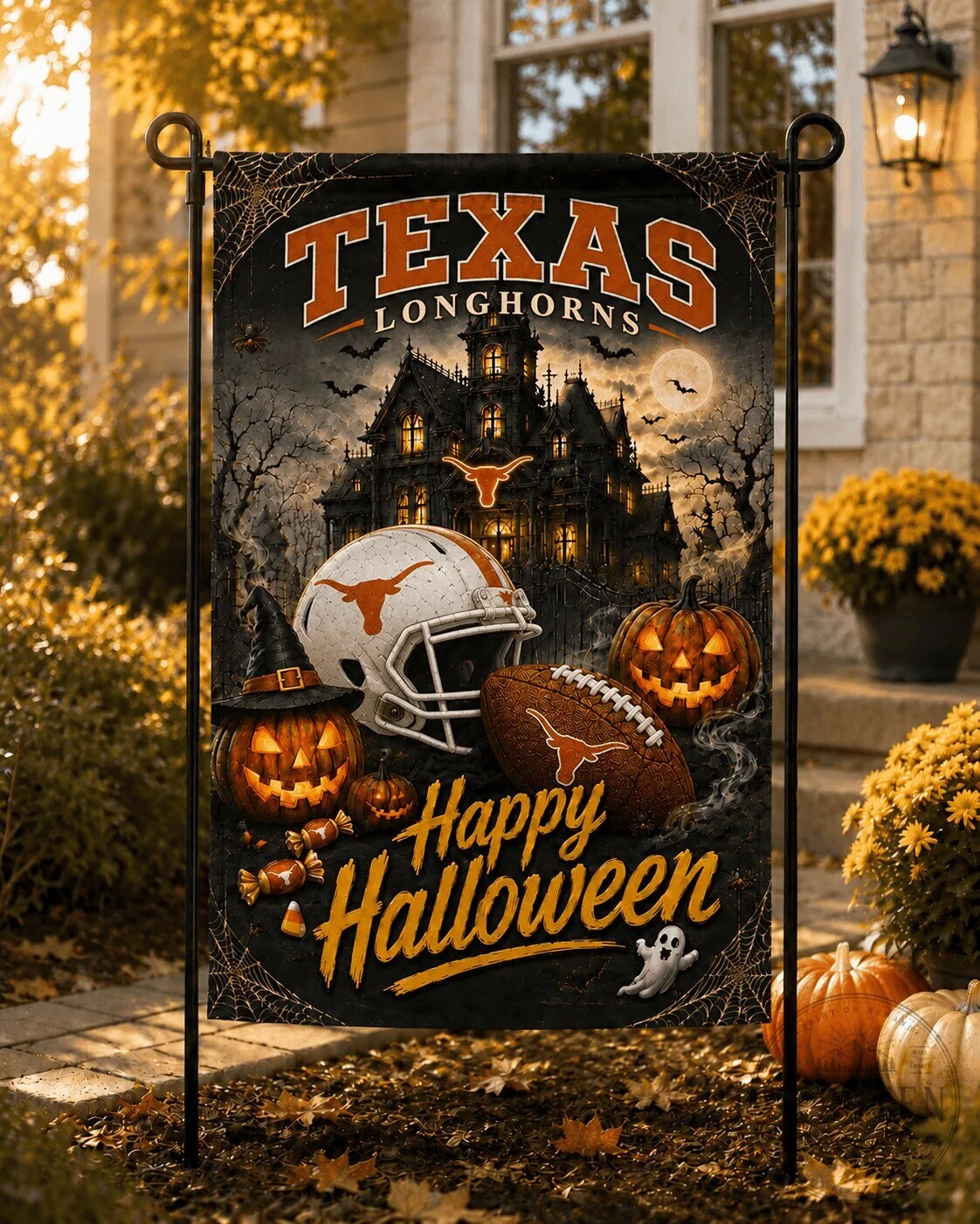 Texas Longhorns Halloween Haunted House Football Garden Flag 3 Texas Longhorns Halloween Haunted House Football Garden Flag